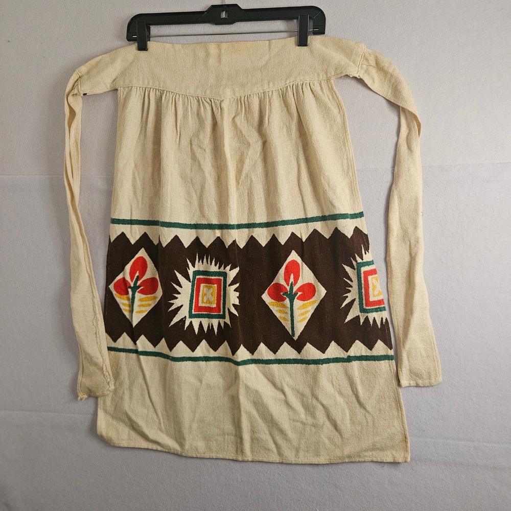 Vintage Handmade Folk Art Half Apron Cream Linen Painted Floral Geometric Boho